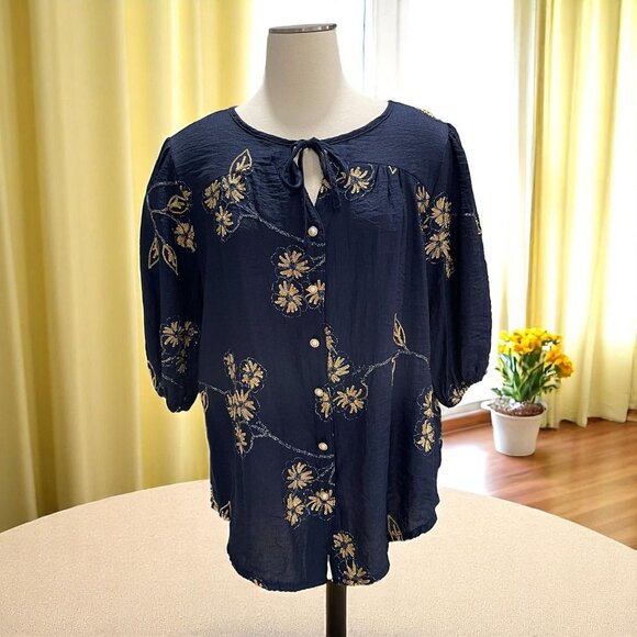 Ana & Rose Navy Blue Embroidered Floral Blouse XL Gold Stitching Boho Chic - Picture 1 of 10